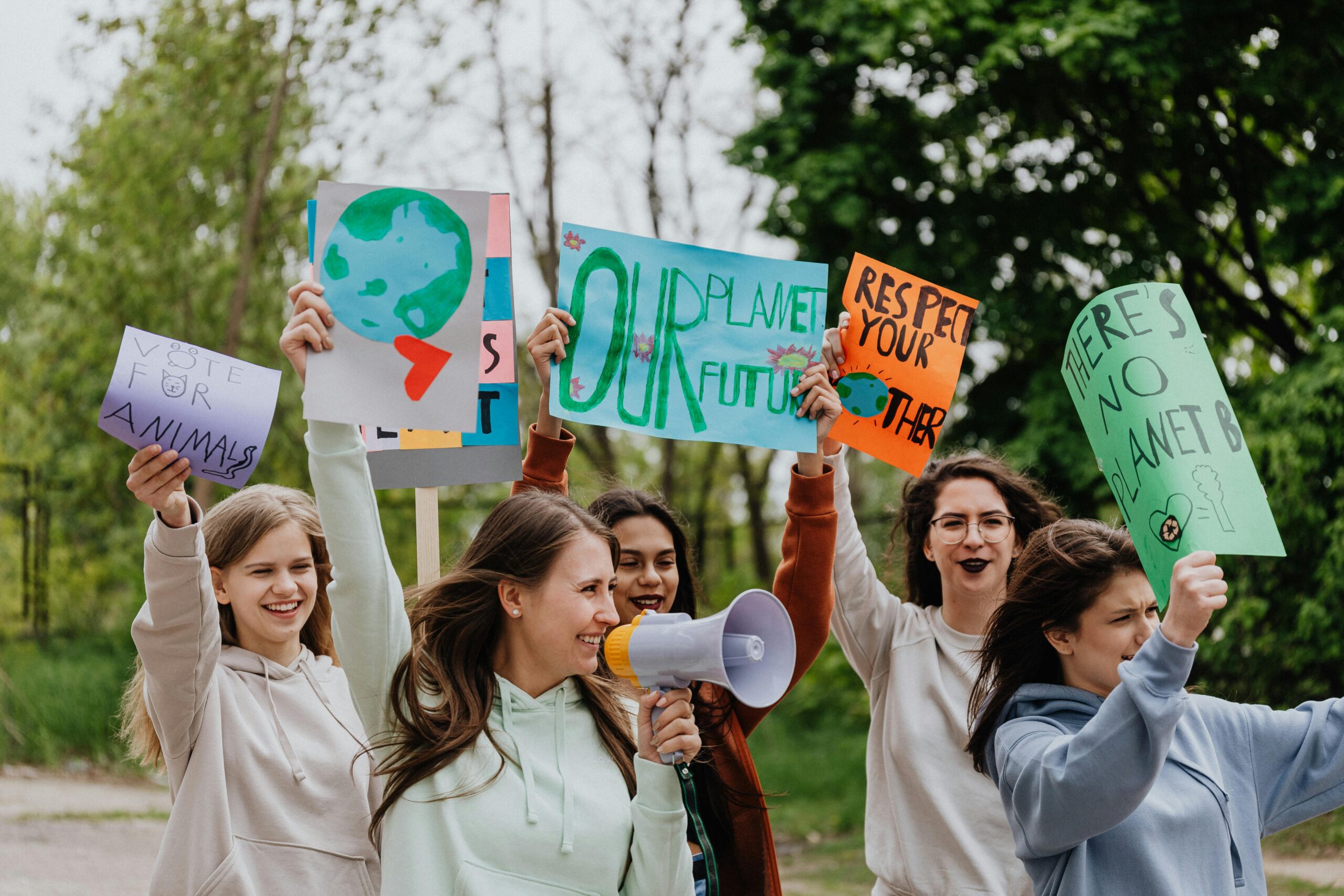 A group of women staging an environmentalist demonstration.