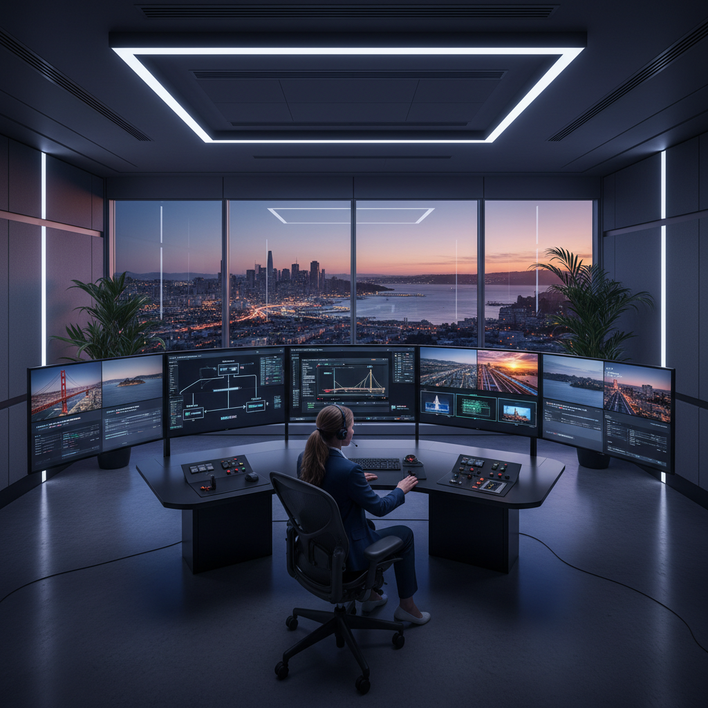 Modern Bay Area Video Pipeline Infrastructure A high-tech control room showcasing a Bay Area video pipeline for enterprise marketing