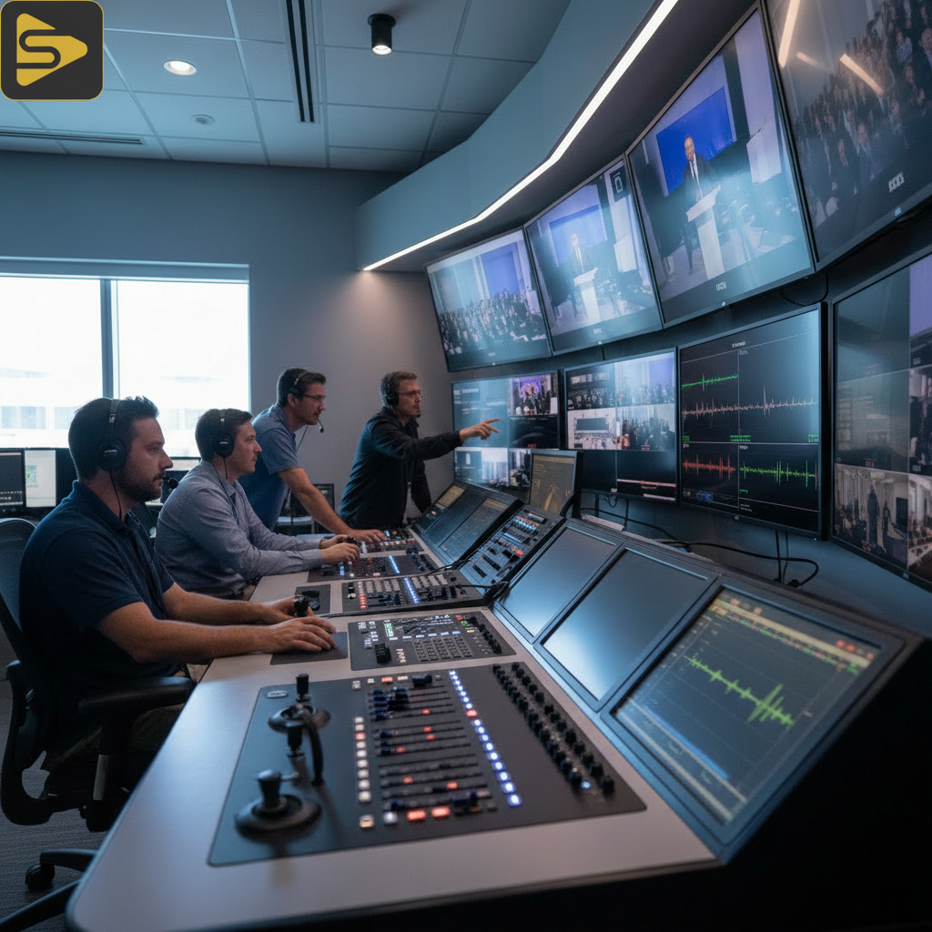 Multi-Camera Broadcast Control Room Professional multi-camera livestream ROI setup at a San Francisco conference