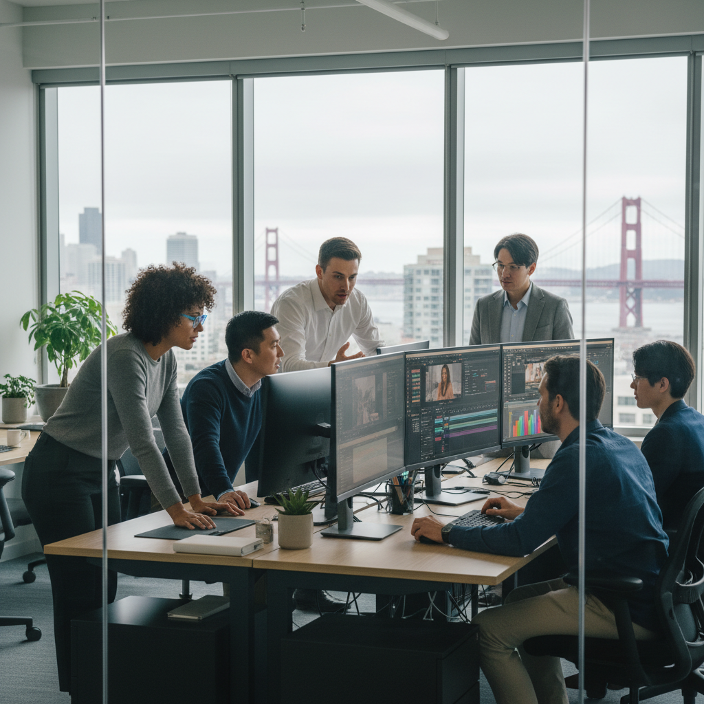 Unified Creative and Media Team Integrated production team in a San Francisco office analyzing video ad ROI data