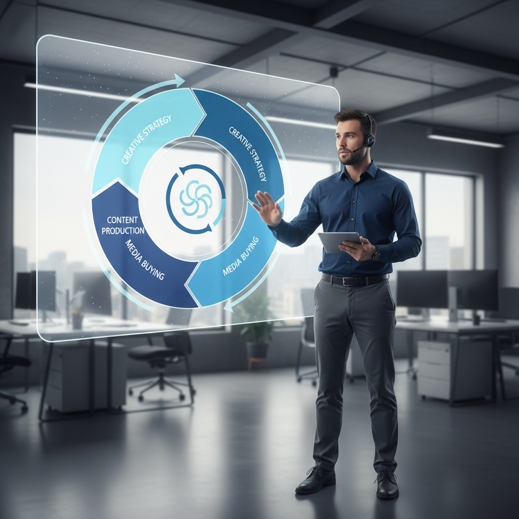 Integrated Production Workflow Diagram Infographic showing the integrated production workflow for performance marketing