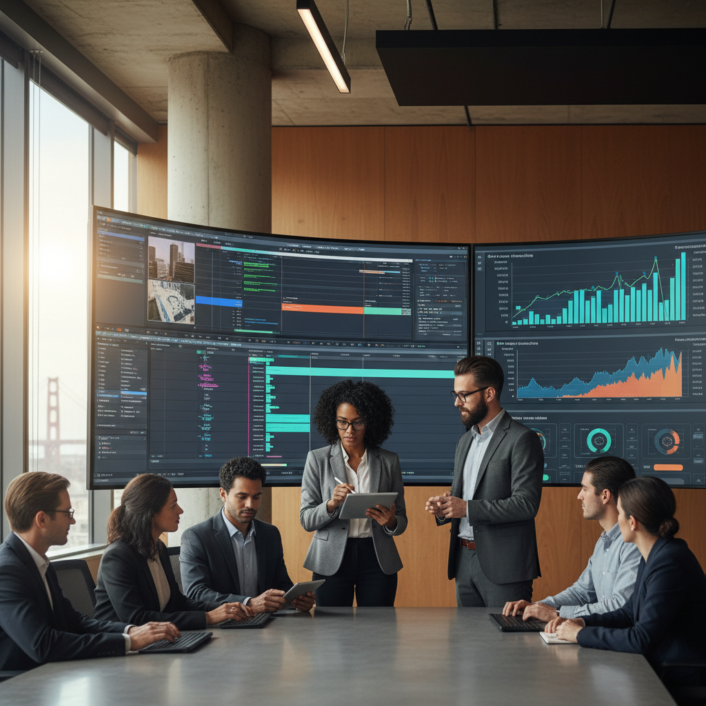 Integrated Production Strategy Session Marketing team analyzing integrated production ROI in a modern Bay Area office