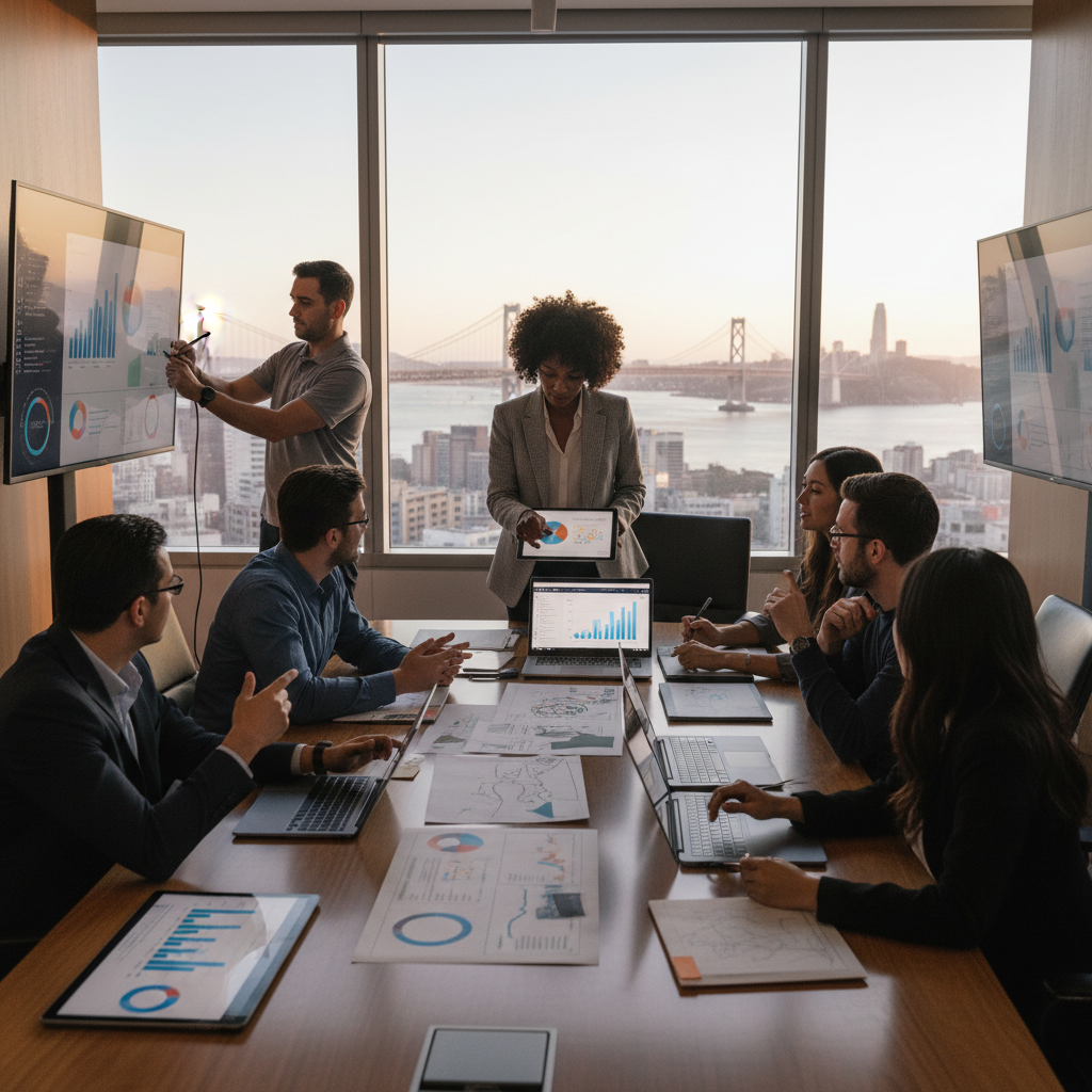 Full-Stack Marketing Strategy Session Marketing leaders discussing integrated production strategy in San Francisco