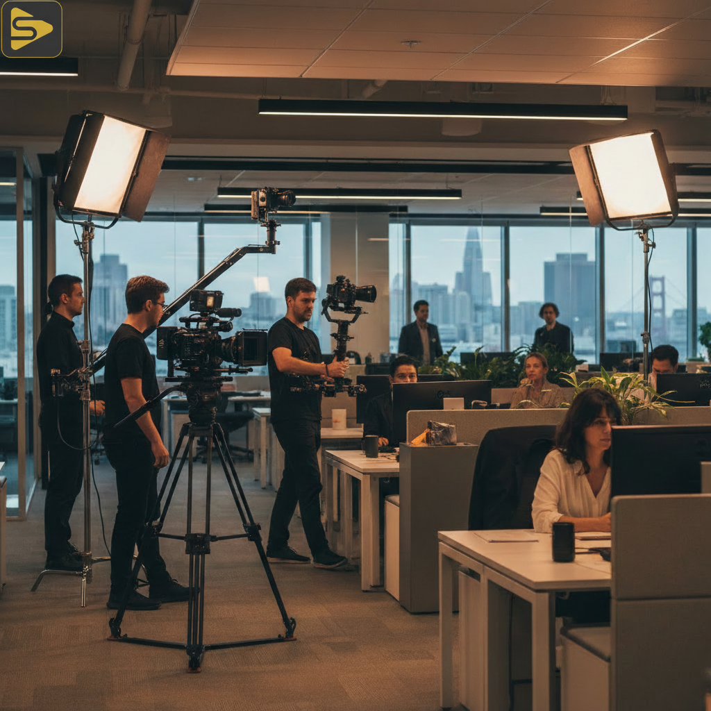 High-Production Internal Video Set Professional film crew shooting SF corporate internal video in a modern tech office