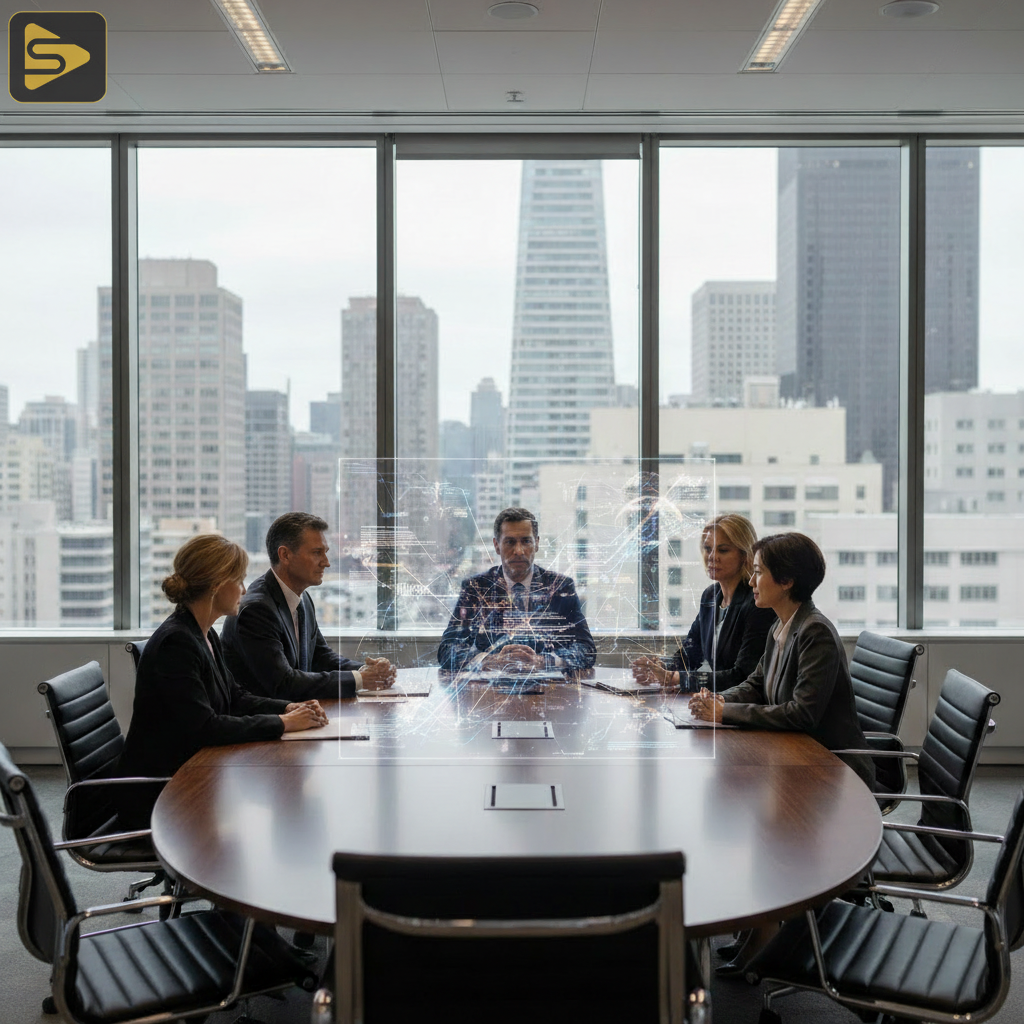 Cookie-Less Retargeting Strategy Session SF CMOs discussing cookie-less retargeting strategies in a modern boardroom