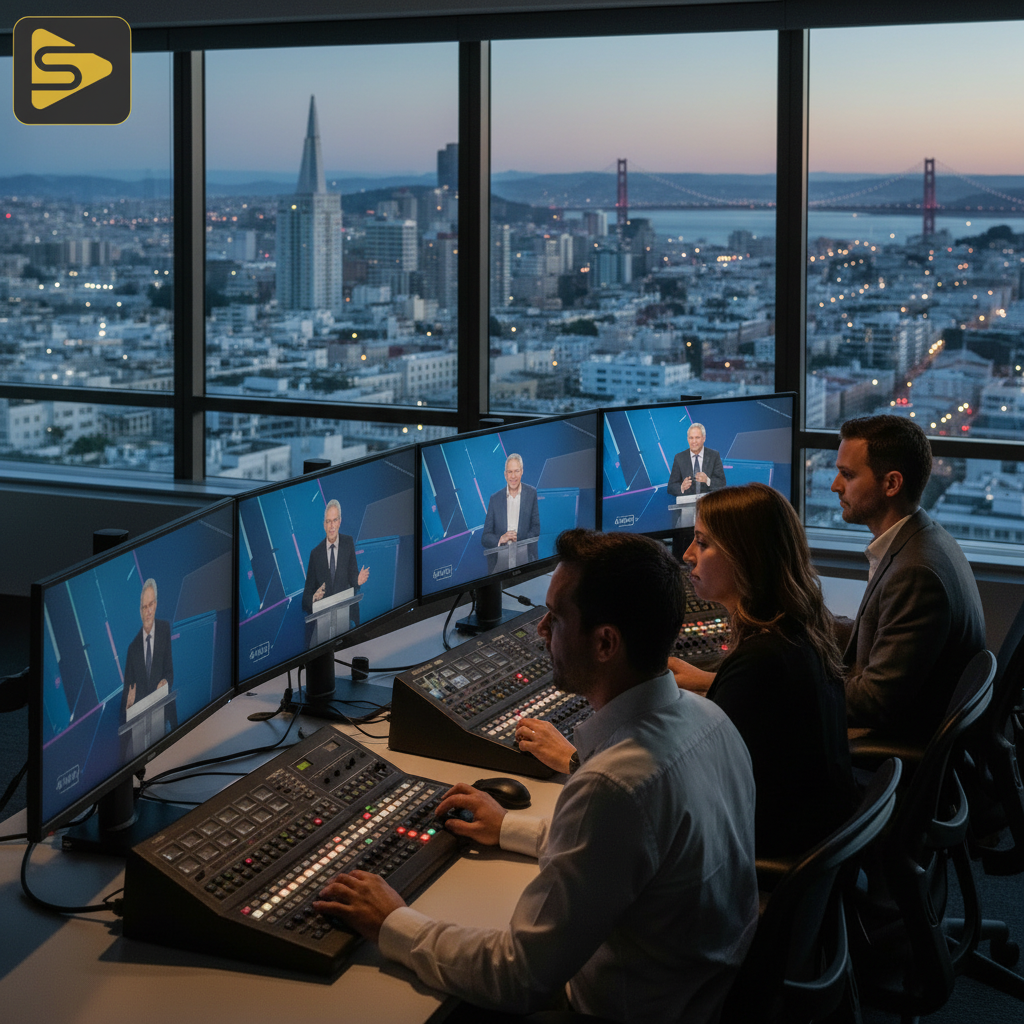 SF Product Keynote Livestream Control Room Professional multi-camera livestreaming for SF product keynotes setup with 4K monitors