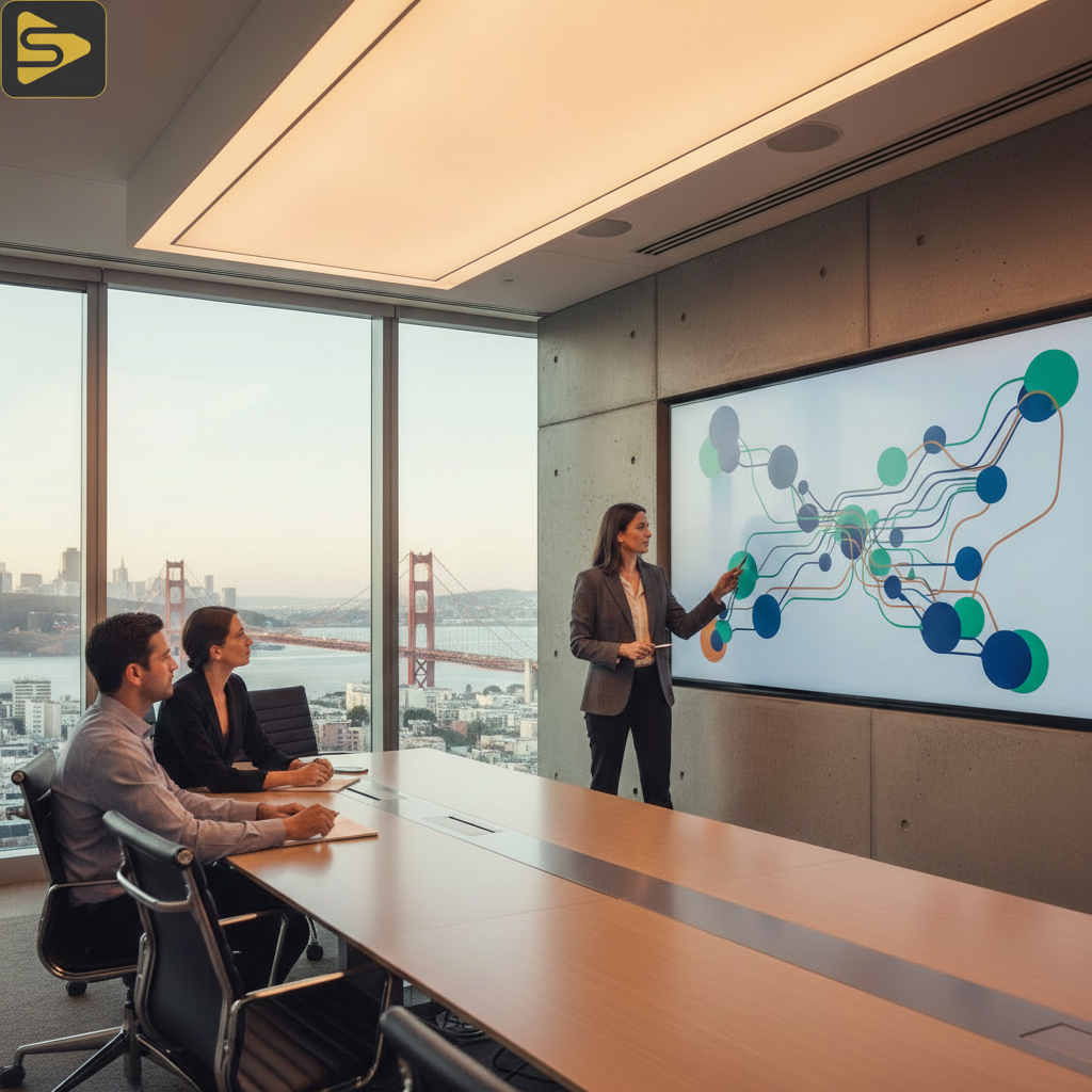 Series B Video Production Strategy Production Architect presenting a Series B video production strategy in a San Francisco office