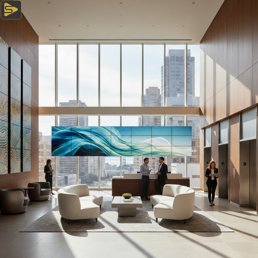 Modern SF Office Lobby Video Integration Class A SF Bay Area Commercial Real Estate lobby with strategic video systems