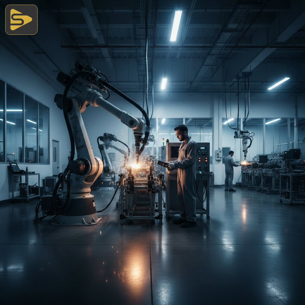Smart Factory Visuals Bay Area Modern smart factory floor showcasing SF Bay Area manufacturing photography and robotics integration