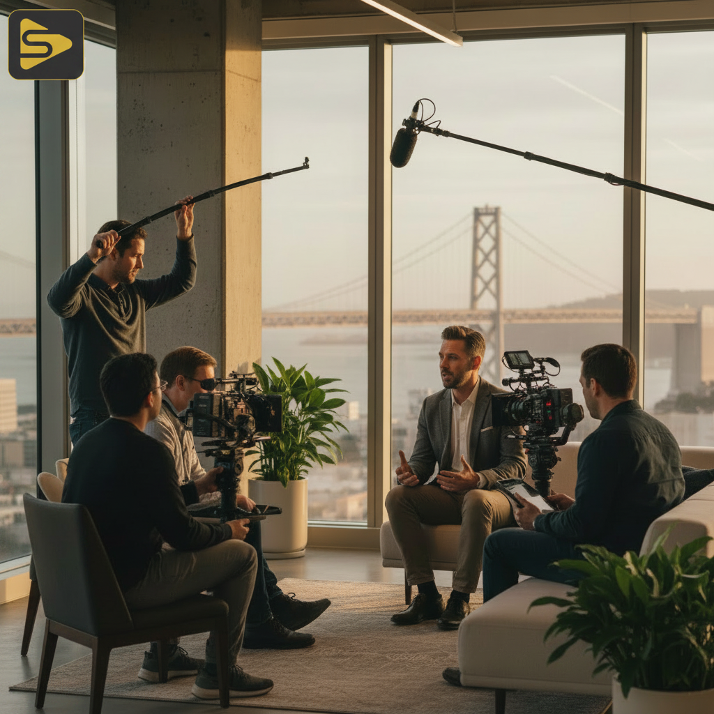 Professional brand documentary production crew interviewing a founder in San Francisco