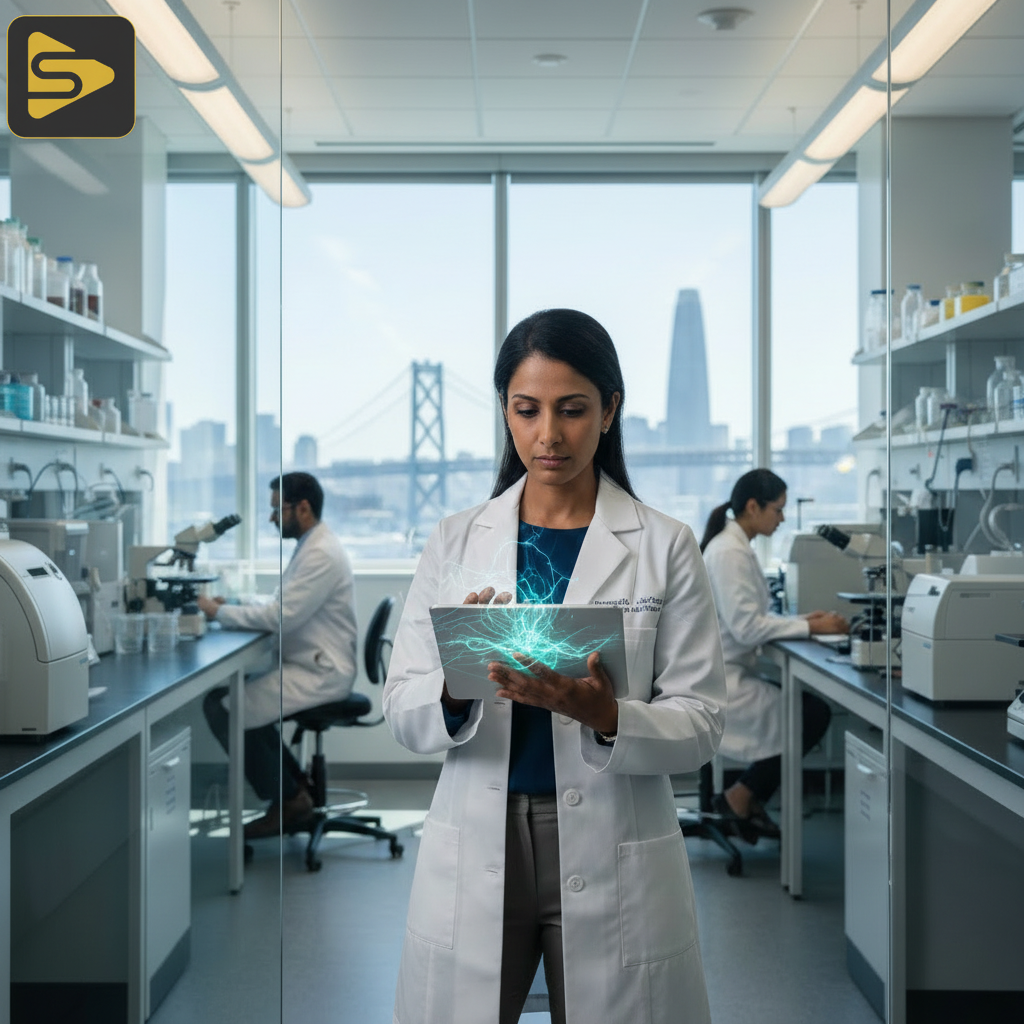 Biotech Founder Authenticity Biotech video production SF showing a founder in a realistic lab setting