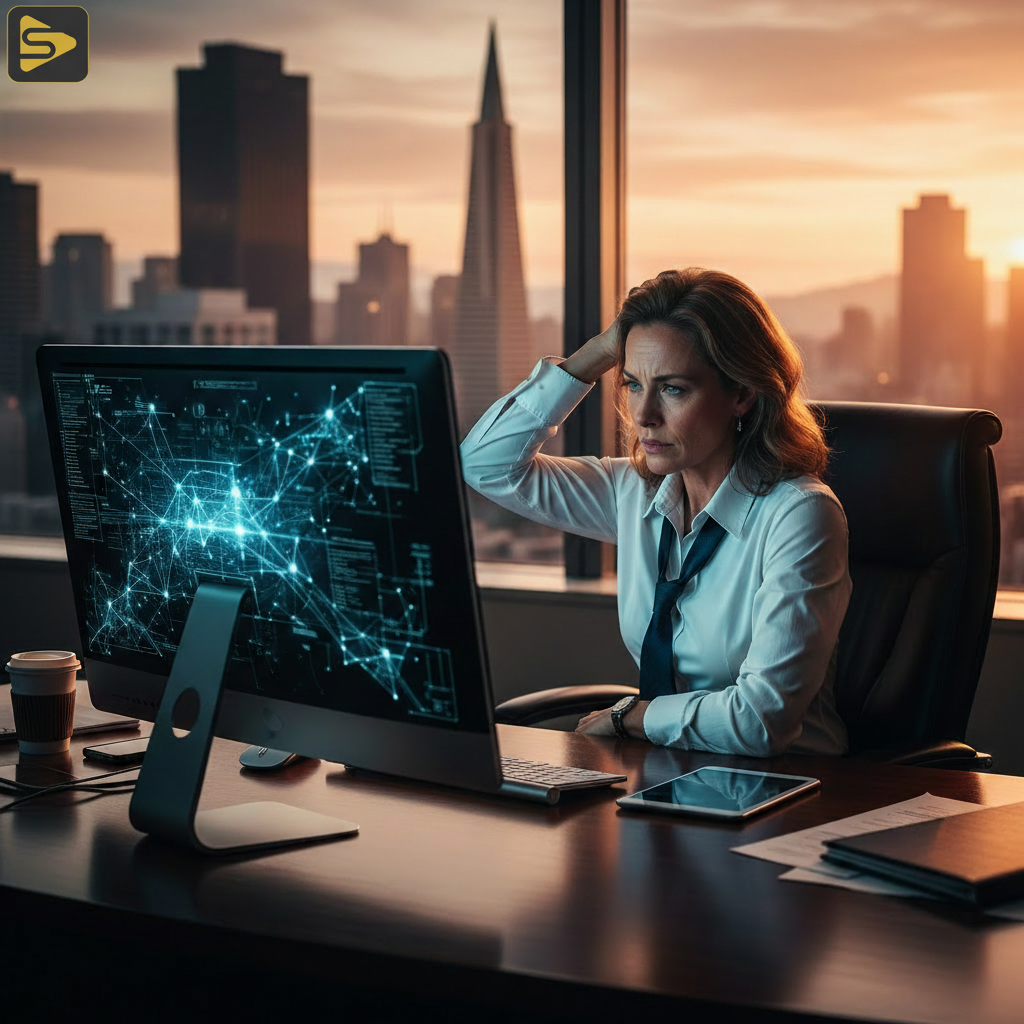 A frustrated executive dealing with a failed headless CMS migration in a San Francisco office