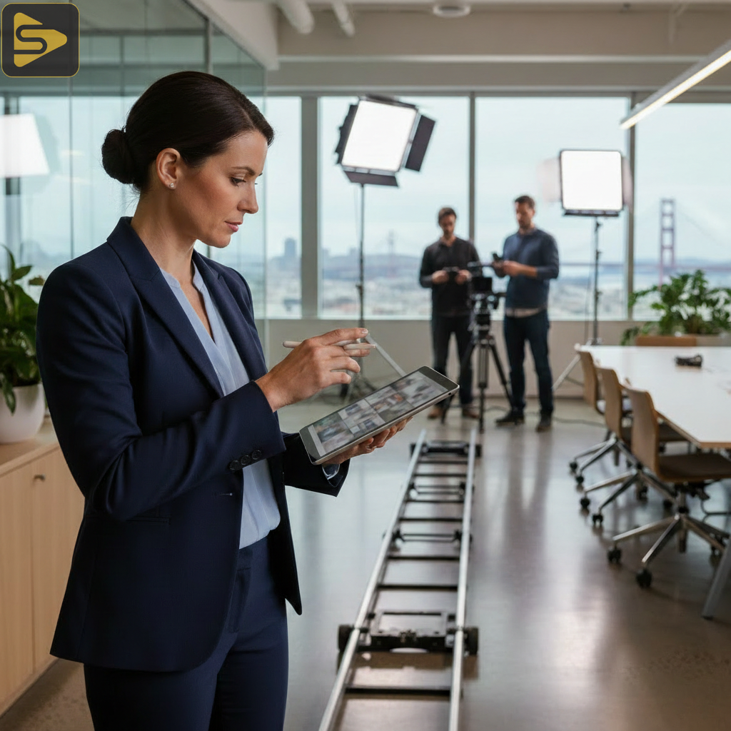 Marketing Director reviewing a video production brief template in a professional studio