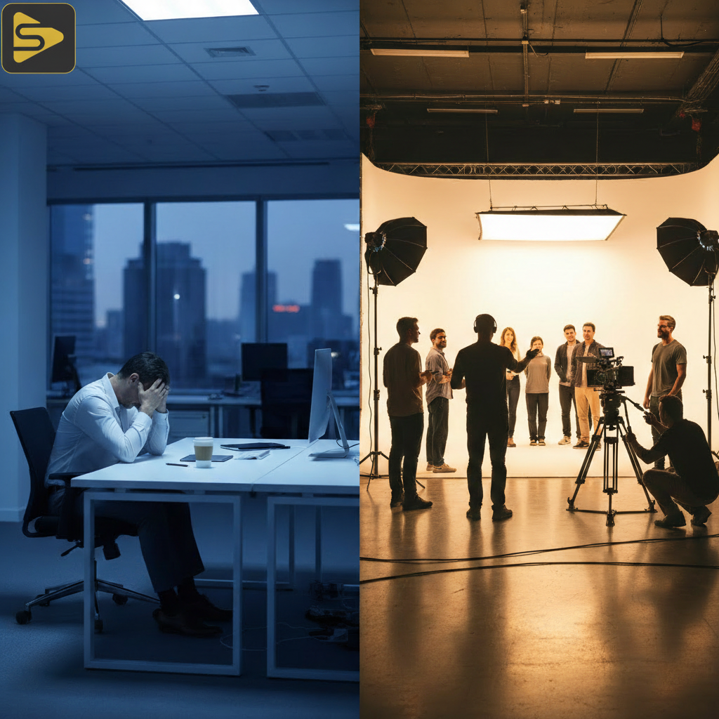 Comparison of In-House vs. Agency Production environments showing a single worker versus a full professional crew