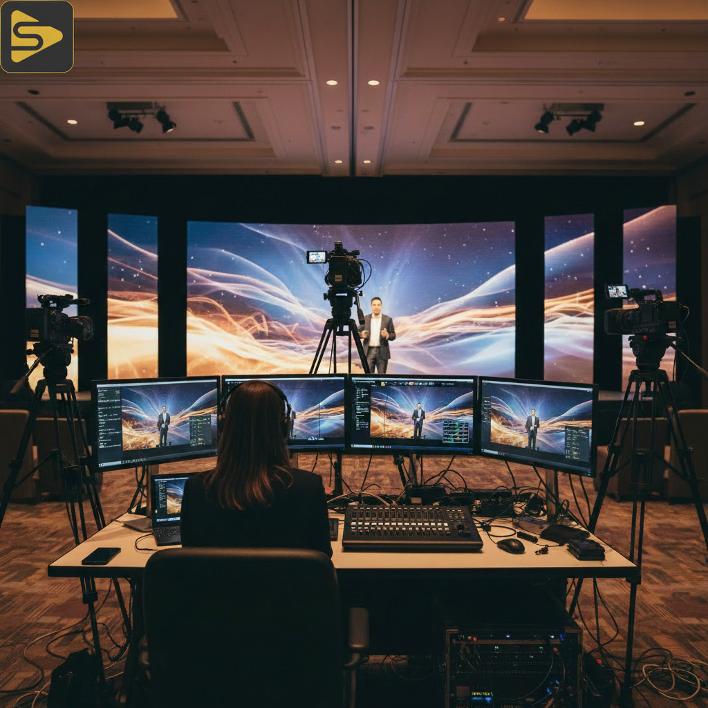 Multi-Camera Livestreaming Production Professional multi-camera livestreaming setup at a corporate event in San Francisco