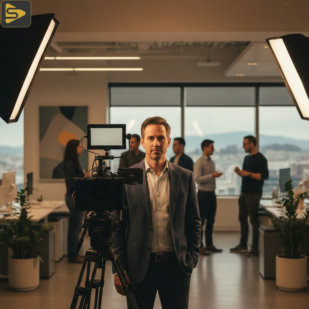 Founder On-Camera Delivery Session SF tech founder practicing on-camera delivery with professional video equipment