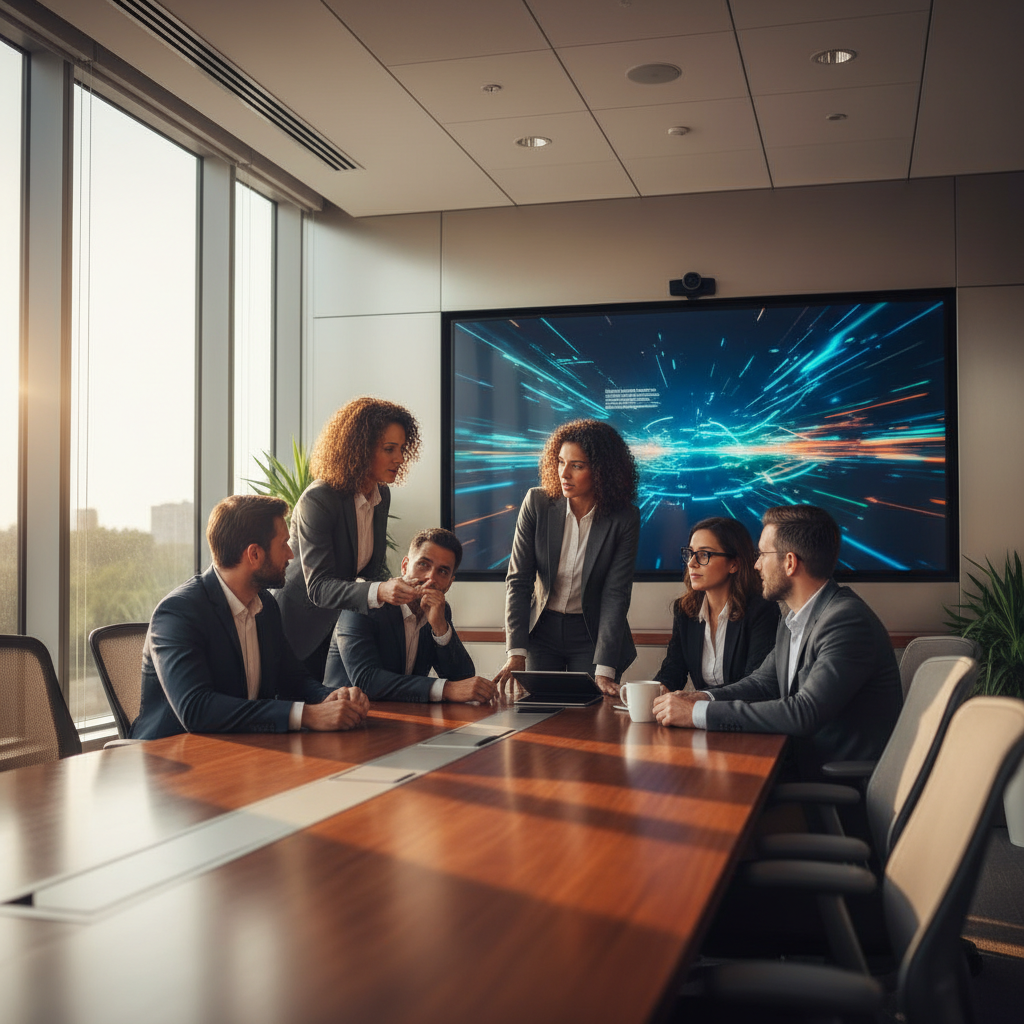 Data-Driven Creative Strategy Session Marketing decision makers reviewing post-production CRM integration results