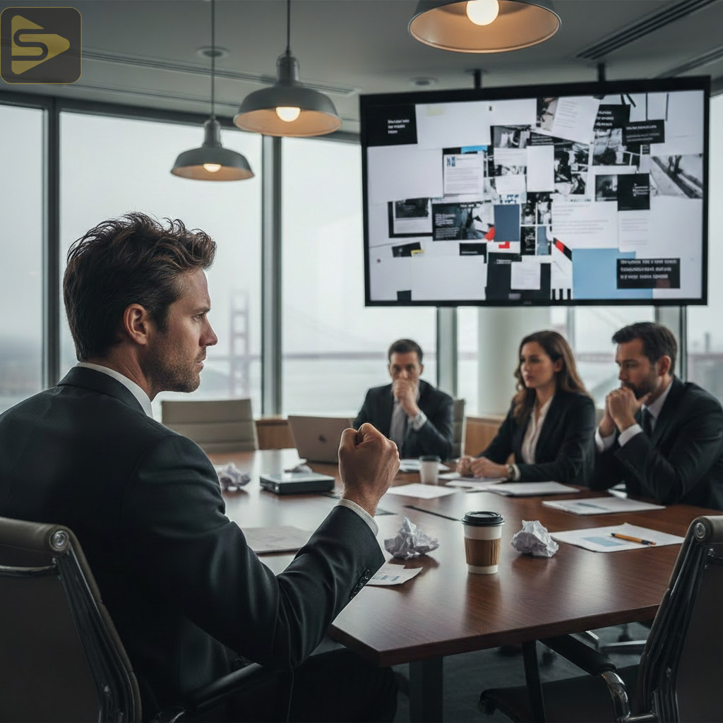 The Hidden Cost of Sales Collateral Gaps Executive reviewing messy sales collateral audit findings in a San Francisco office