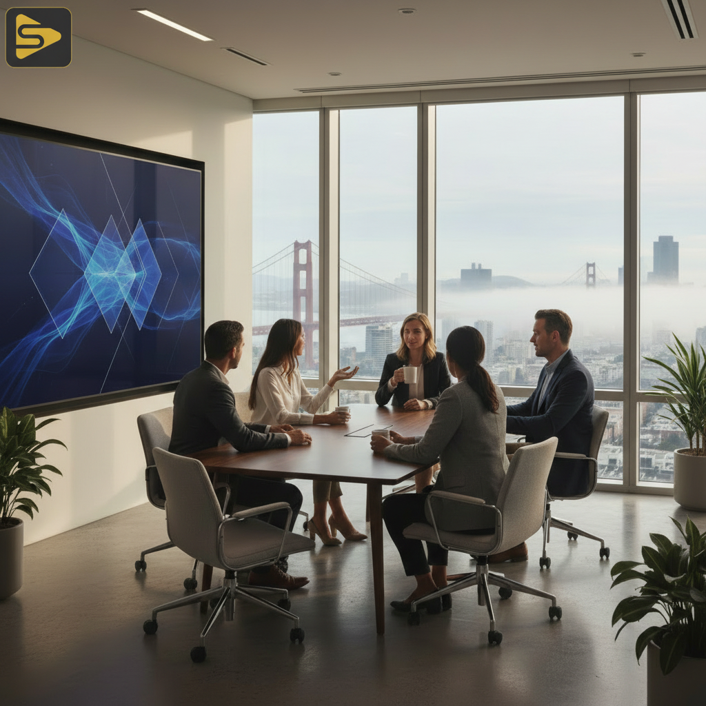 Series B Pitch Deck Video Presentation A Series B fundraising video being presented in a high-end San Francisco boardroom