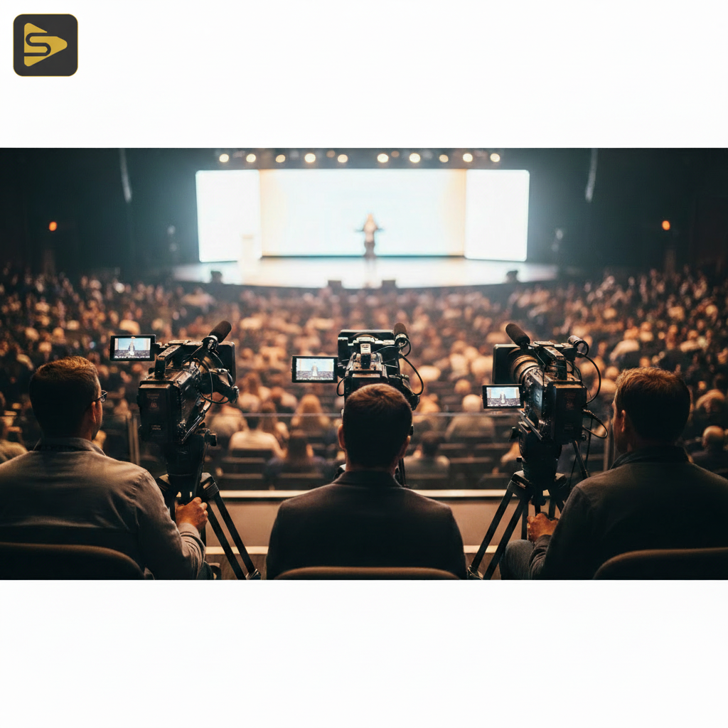 SF Event Production Multi-Camera Setup Professional SF event production setup at a tech conference keynote