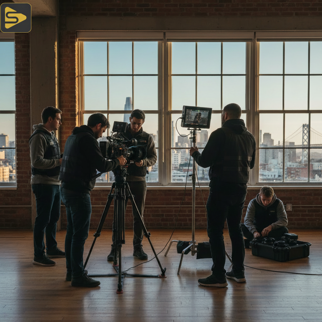SF Video Shoot Logistics in Action Professional film crew managing SF video shoot logistics in a SOMA district studio