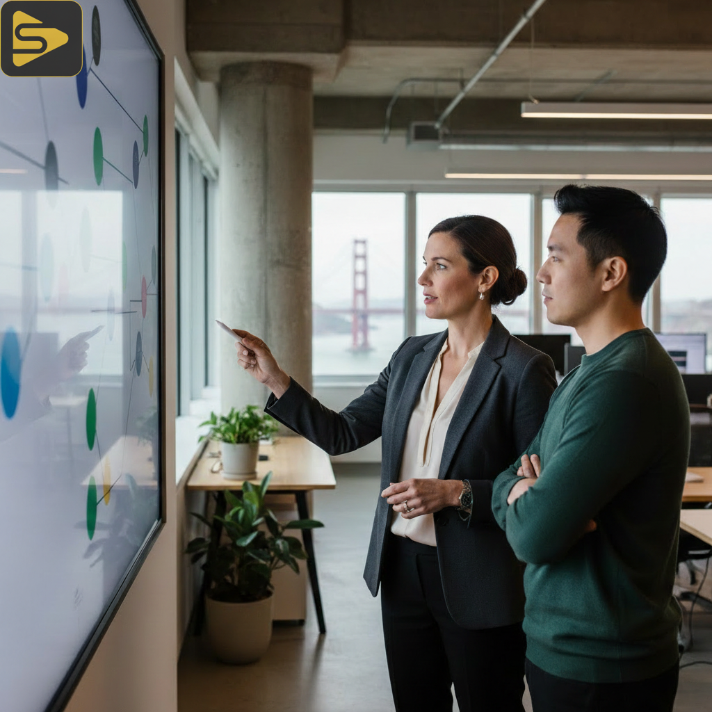 Automated Content Syndication Strategy Marketing director reviewing an automated content syndication workflow diagram in a modern office.