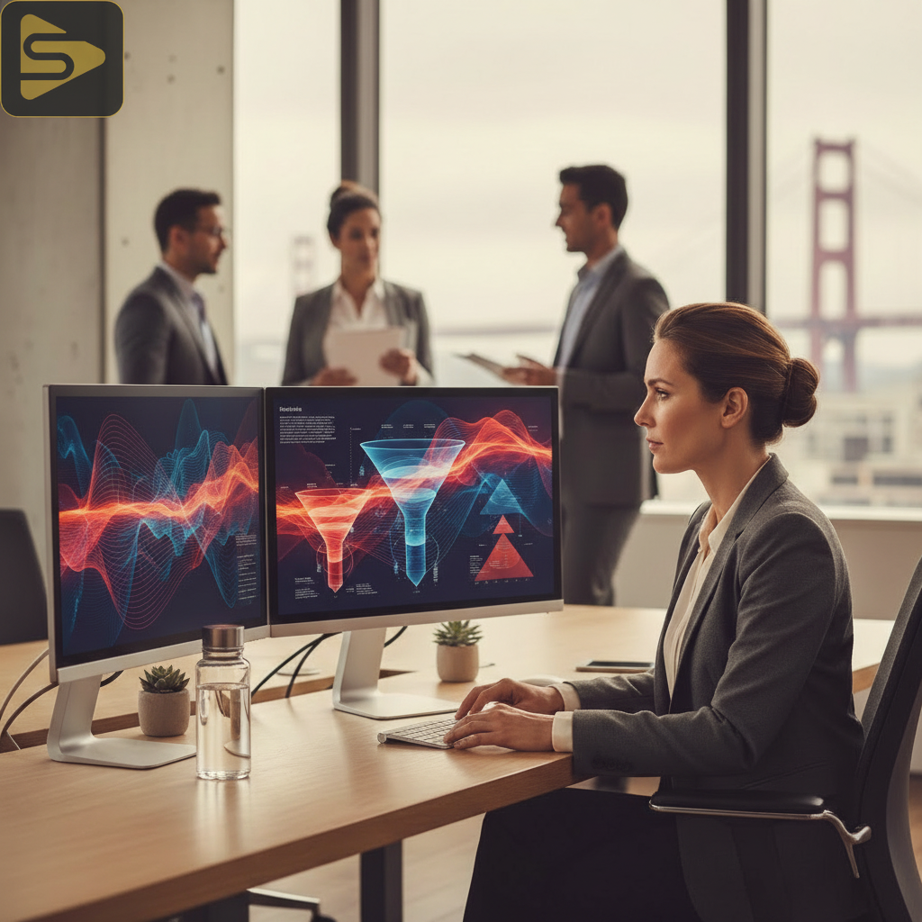 B2B Video Analytics Review Marketing director reviewing B2B video distribution analytics and conversion data