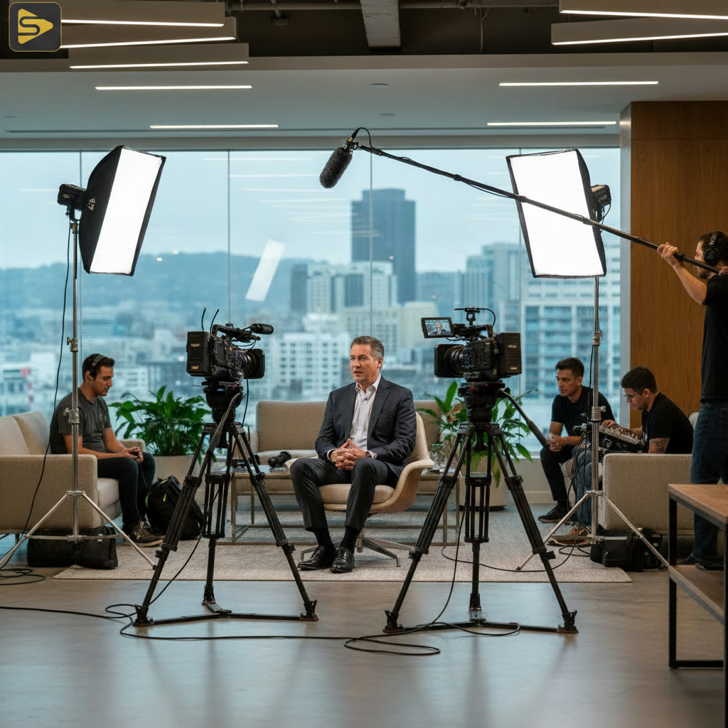 B2B Video Capture Session Professional B2B video strategy session showing multi-camera setup for content capture