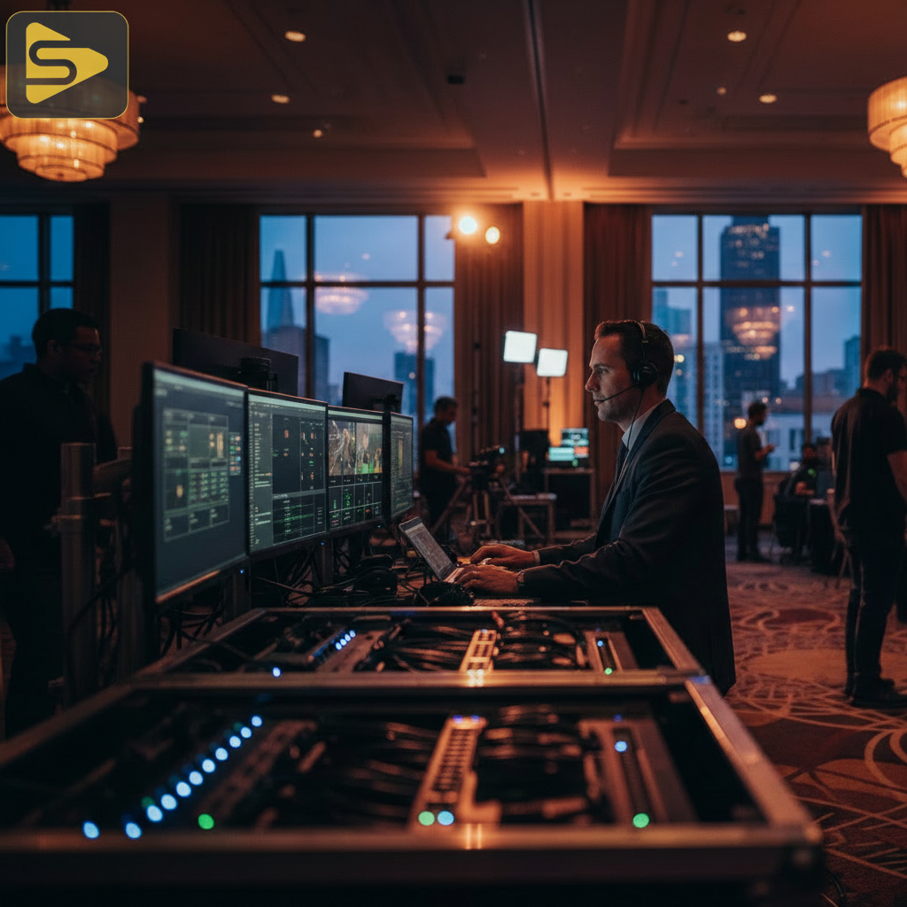 Corporate Livestream Technical Setup Professional technical director managing corporate livestream connectivity in an SF venue