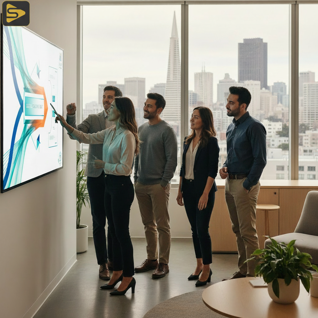 Creative Brief Strategy Session Marketing team reviewing a creative brief template for a tech product launch