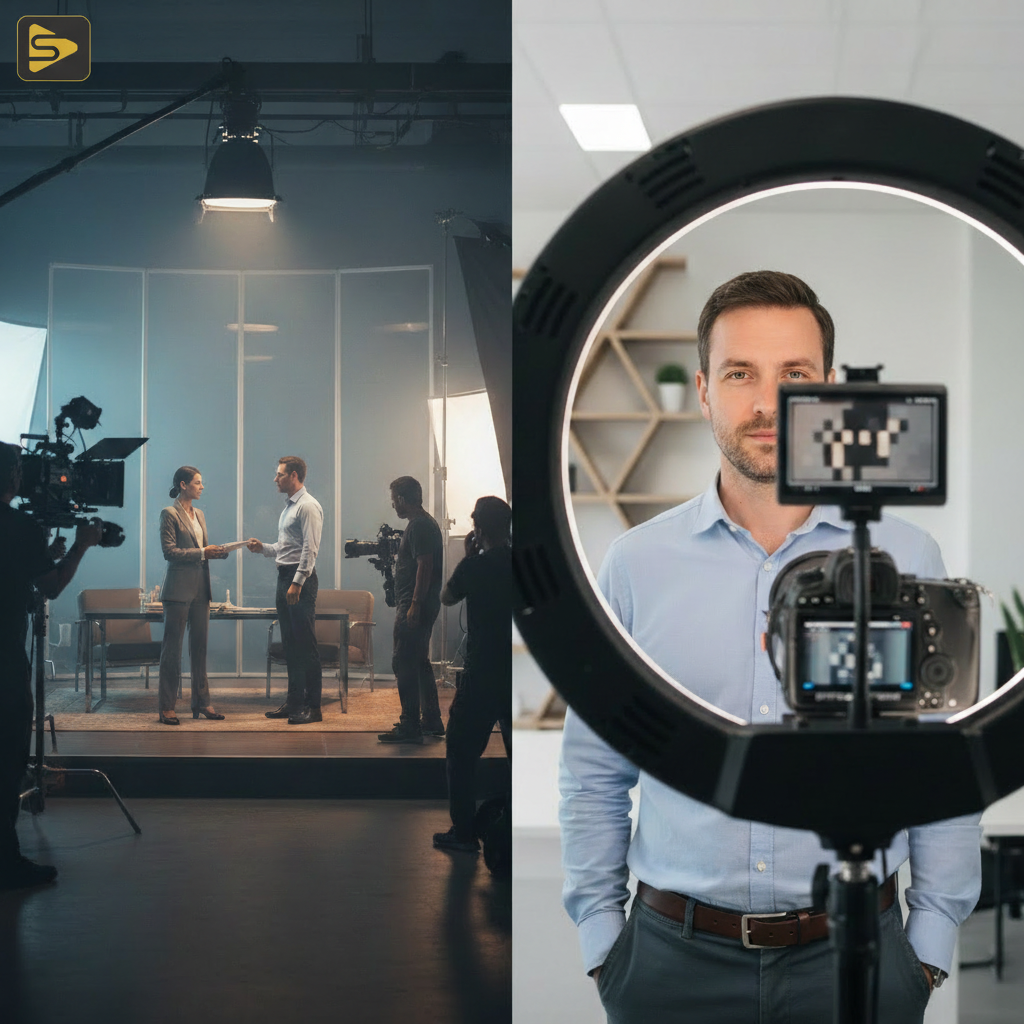Direct-to-Camera vs Narrative Brand Films Comparison Comparison of direct-to-camera vs. narrative brand films production setups