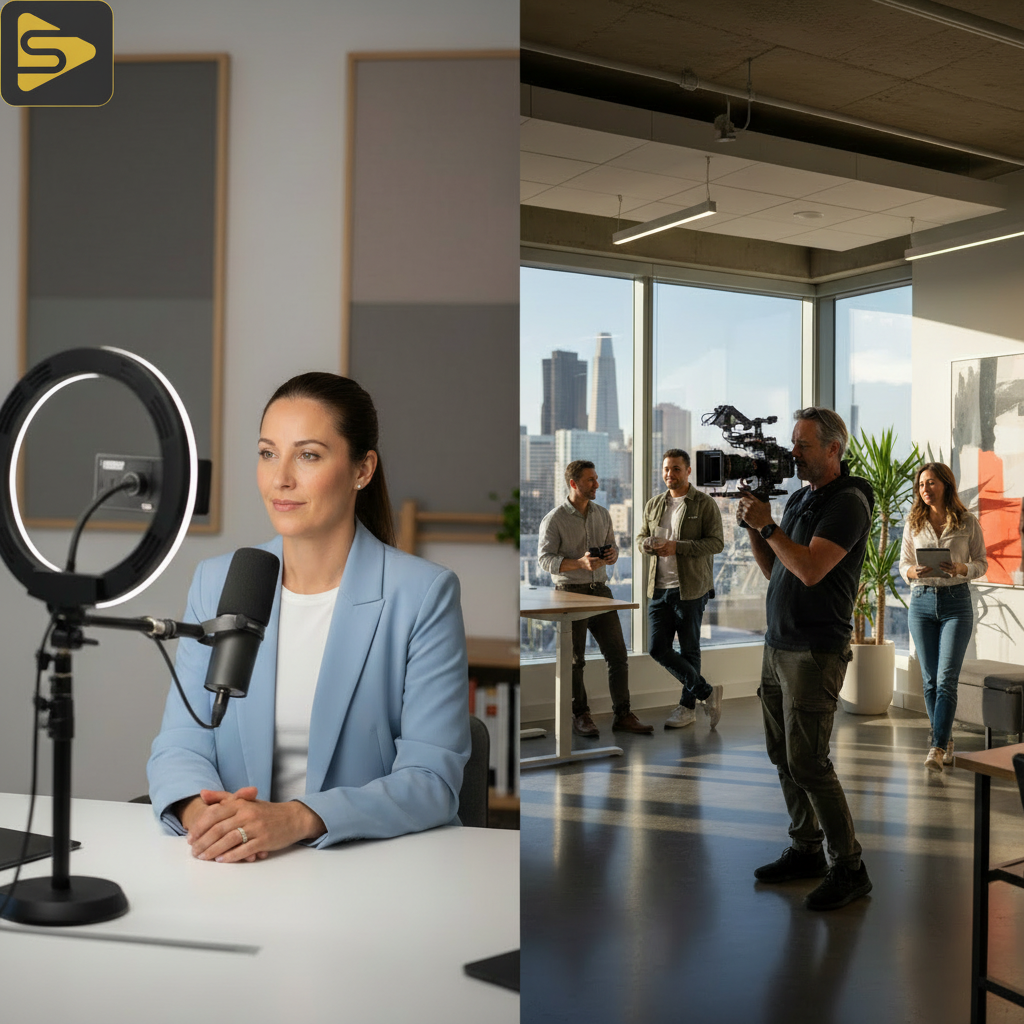 Hybrid Video Production Workflow Hybrid production framework showing remote interview setup and on-site B-roll filming