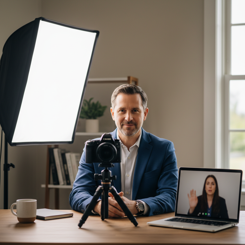 Remote Executive Interview Setup Remote executive interview with professional lighting and remote directing