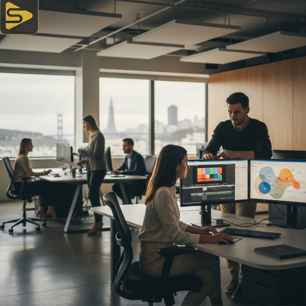 Marketing Automation Video Workflow A professional workstation showing marketing automation video integration and CRM data analytics