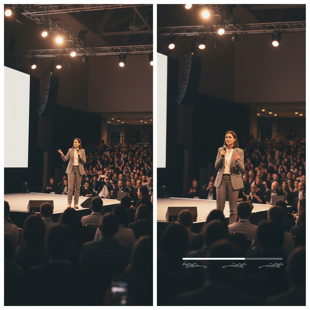Before and After Content Repurposing Side by side comparison of raw keynote footage and finished multi-channel ad creative