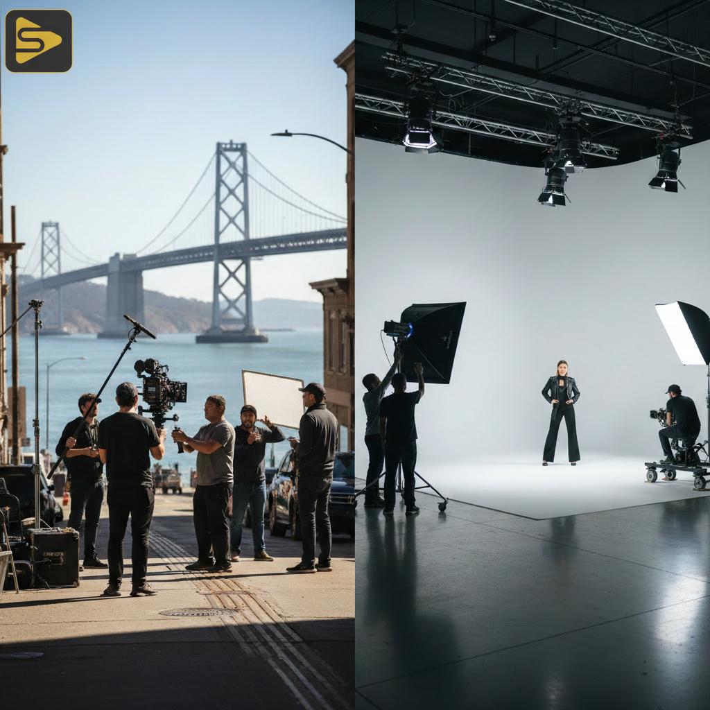 On-Location vs Soundstage Comparison Comparison of on-location and soundstage environments for Bay Area brand shoots