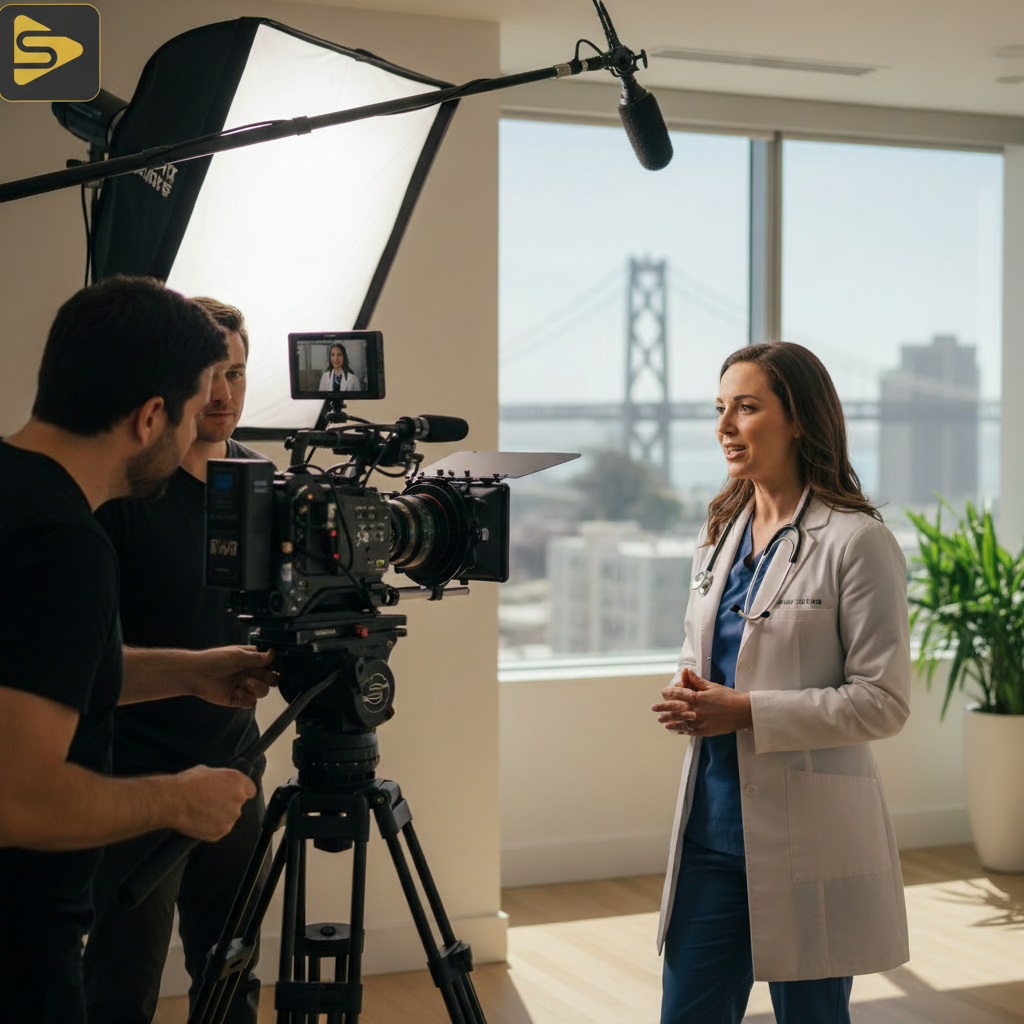 Healthcare Video Production San Francisco Professional HIPAA compliant video production crew filming a physician in a Bay Area clinic