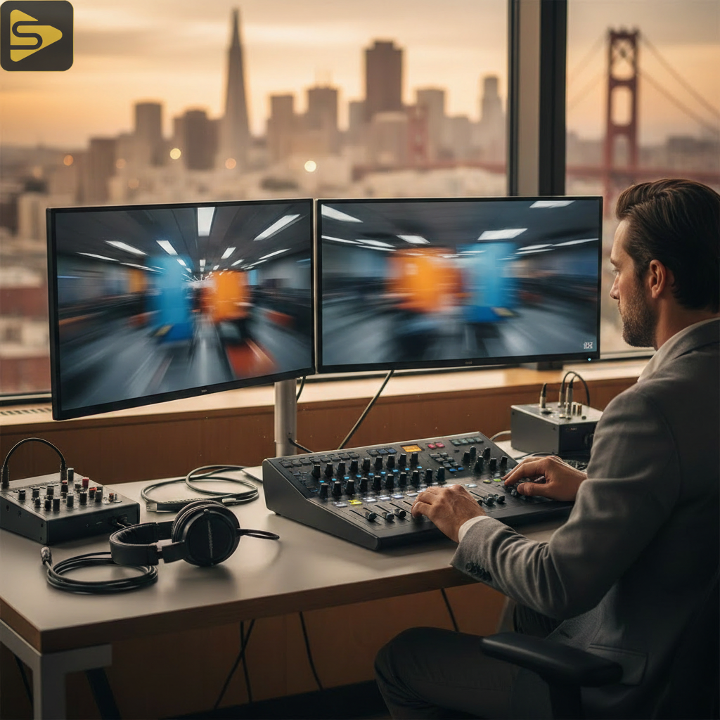 Post-Event Content Sprint Workflow Digital marketer executing a post-event content sprint on a high-end editing suite