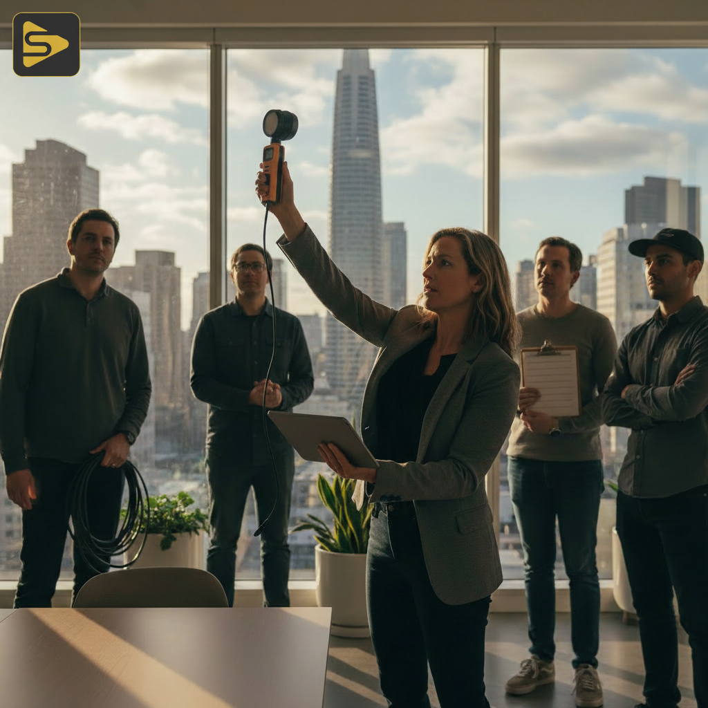 Technical Audit in SF Office A professional conducting a pre-production technical audit in a San Francisco office