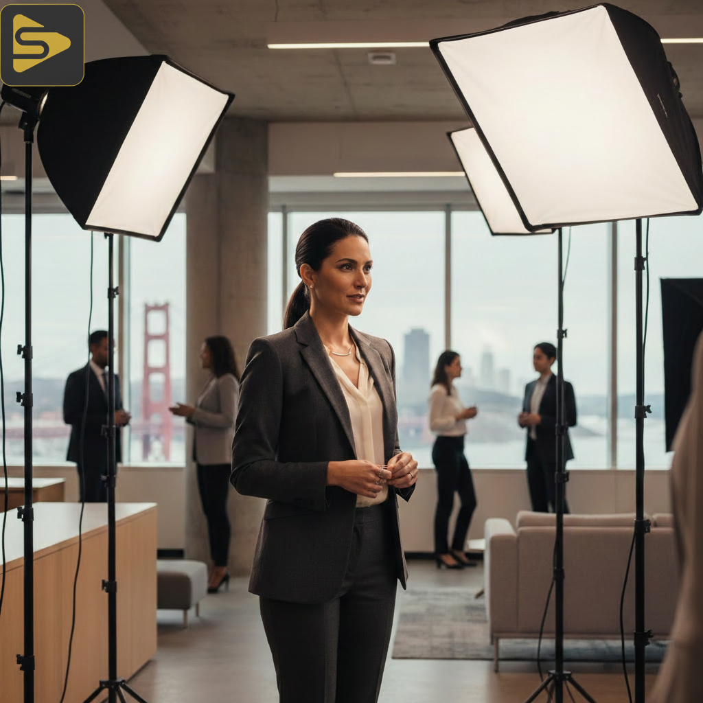 Precision lighting for executive portraits setup in a modern corporate office