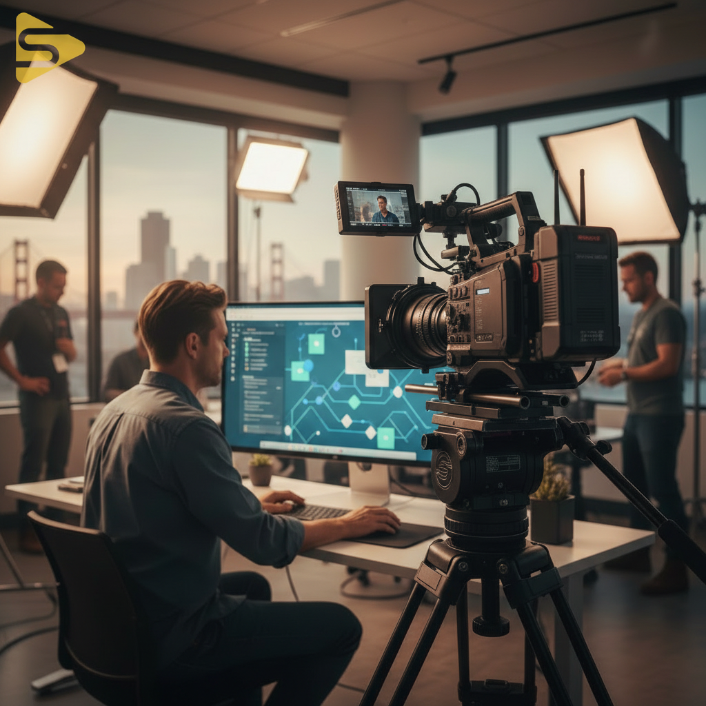 SaaS Explainer Video Production Setup Professional SaaS explainer video production set in a Bay Area tech office