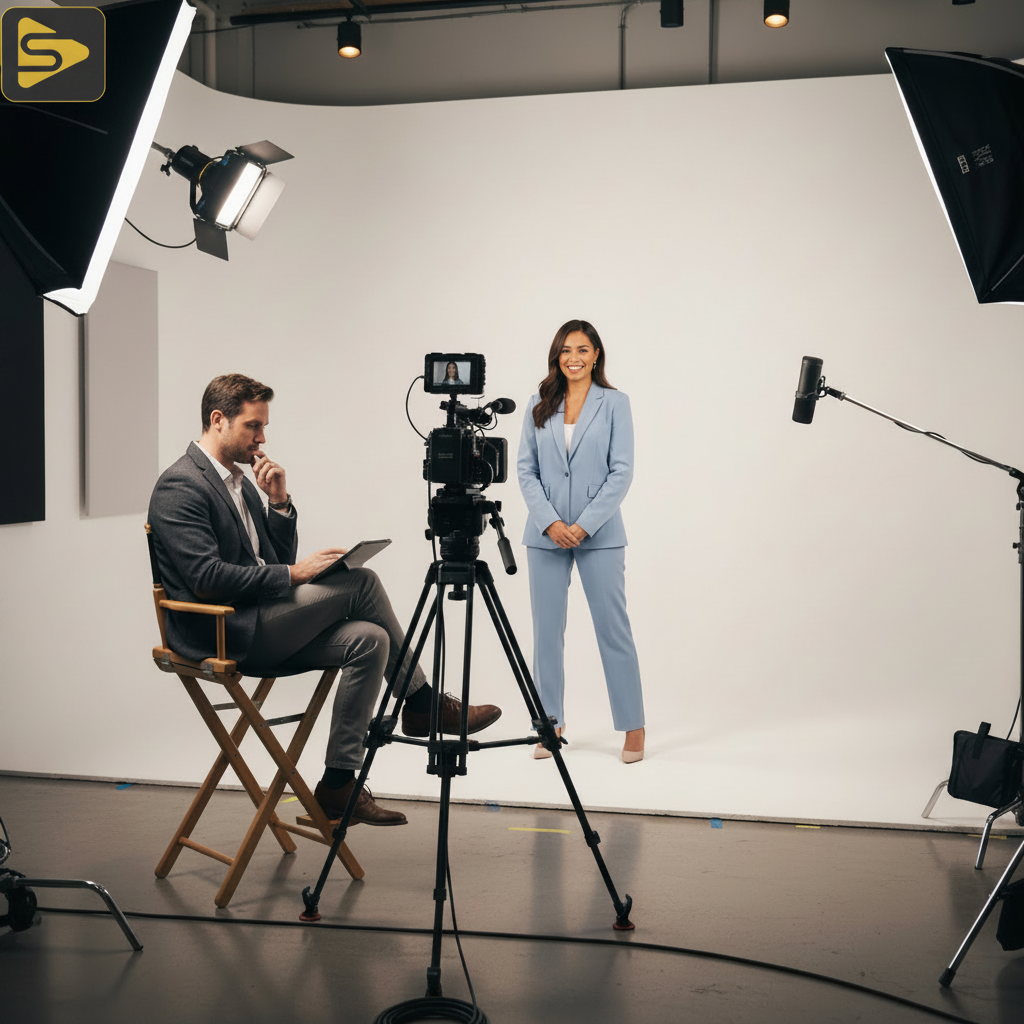 Search-First Video Production Environment Search-first video production team filming a corporate video in a professional studio