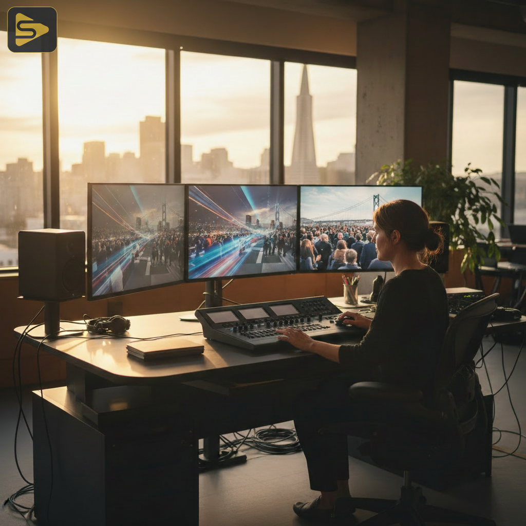 SF Conference Highlights Post-Production Professional editor working on SF conference highlights in a modern studio