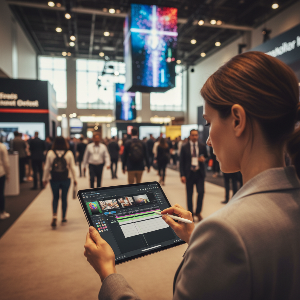 Real-time Video Review Marketing director reviewing SF corporate event media on-site