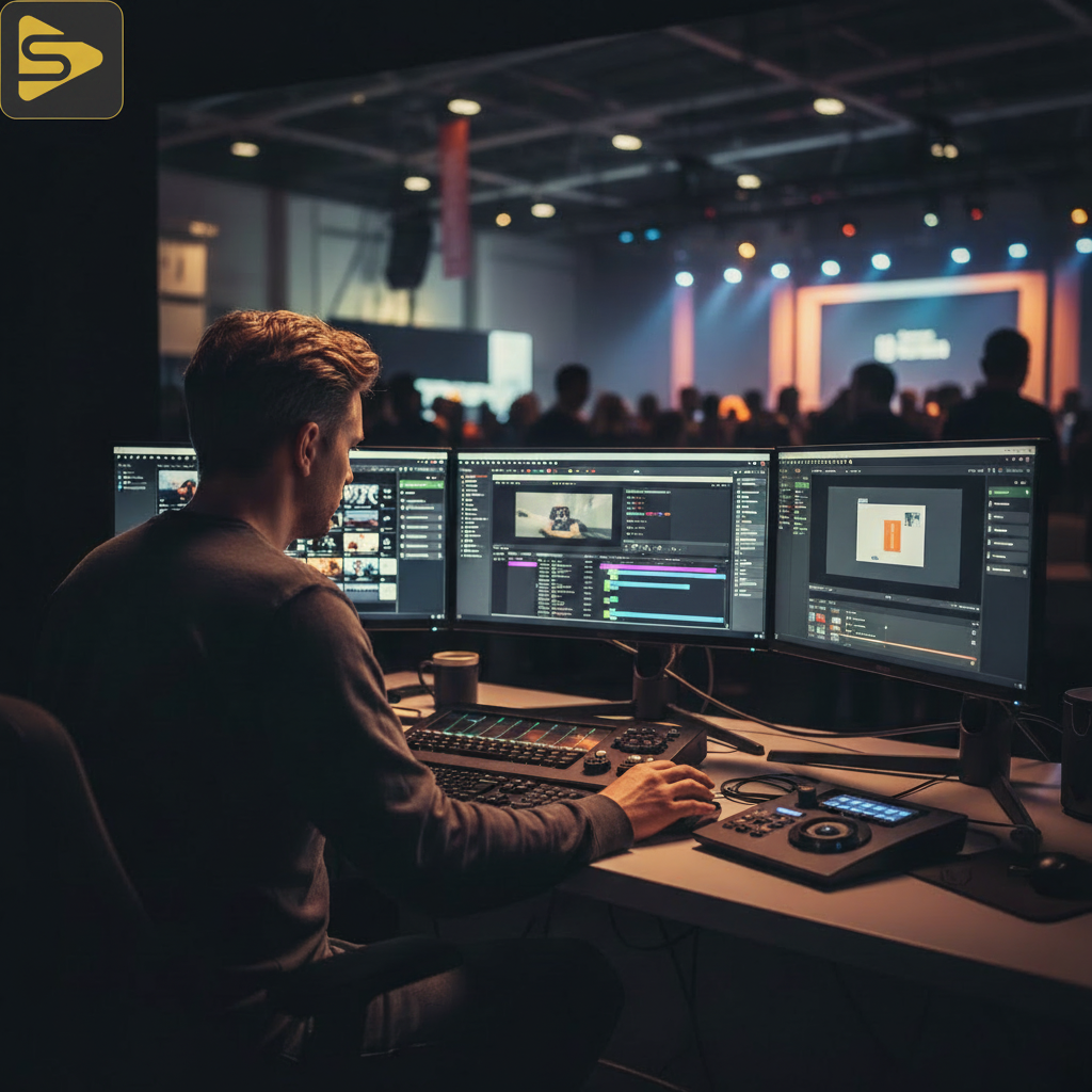On-Site Video Editing Suite Professional editor managing SF conference video production workflow on-site
