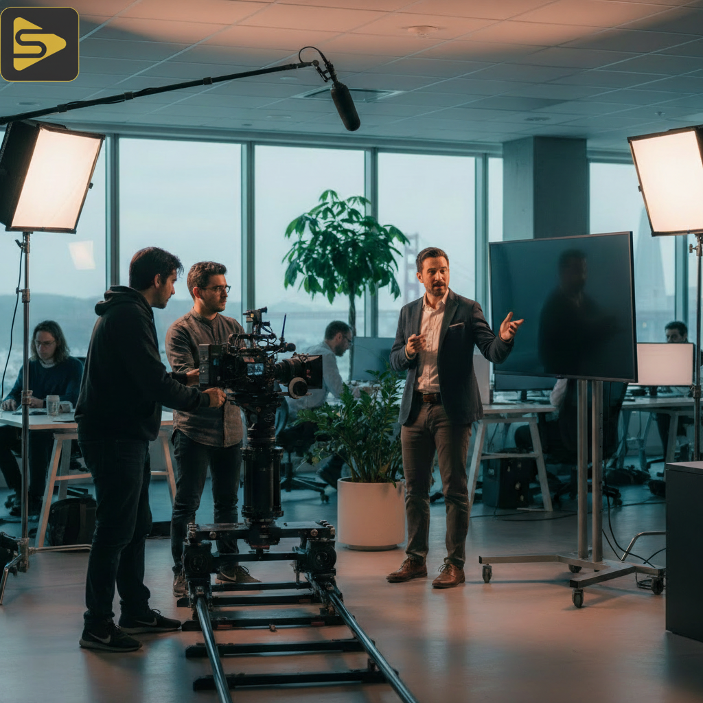 Professional SF startup video production set for a technical product launch