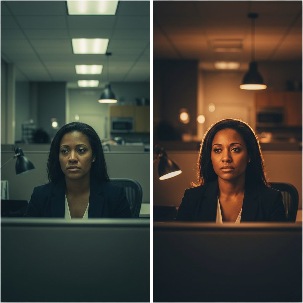Lighting Quality Comparison Comparison of standard office lighting vs professional technical lighting framework