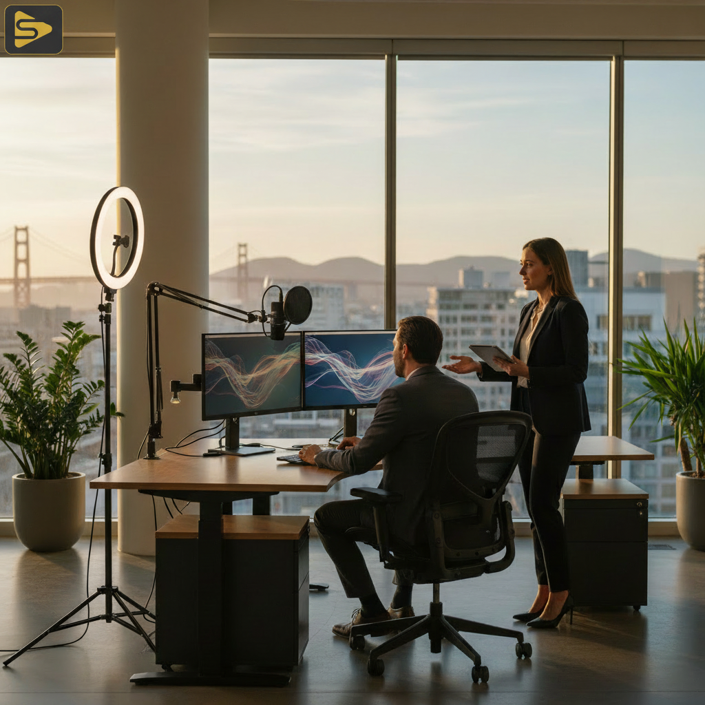 Video-First Cold Outreach Setup A professional video-first cold outreach system setup in a modern Bay Area office