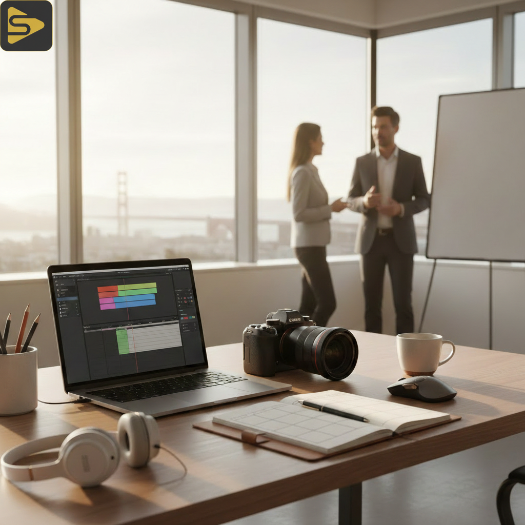 Video Content Strategy Setup Professional video repurposing workflow setup with camera and editing software