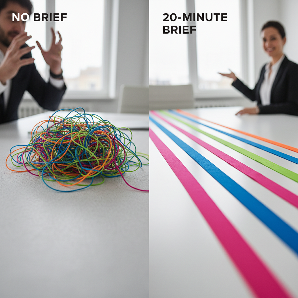 Production Workflow Comparison Infographic comparing production workflow with and without a creative brief
